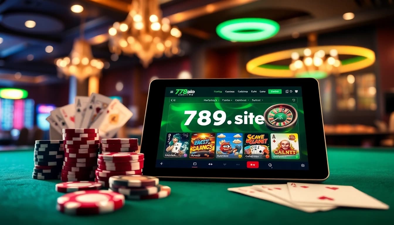 Online gamblers enjoying various games at https://789f.site/ with vibrant tables, chips, and cards.