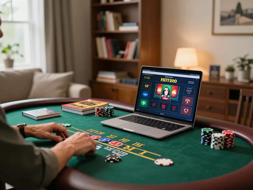 Player enjoying a live dealer blackjack game on laptop at home, showcasing tr88 gaming strategy.