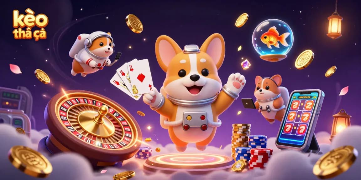 Experience thrilling kèo nhà cái excitement with animated characters in a cosmic casino scene.