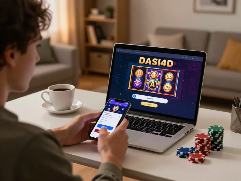 Sesi login DASI4D di ponsel, menampilkan seorang pemain yang terlibat dalam permainan slot online dari lingkungan rumah yang nyaman.