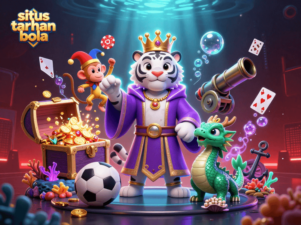 Experience the thrill of situs taruhan bola with a vibrant 3D casino scene featuring a lively tiger, monkey, and dragon.