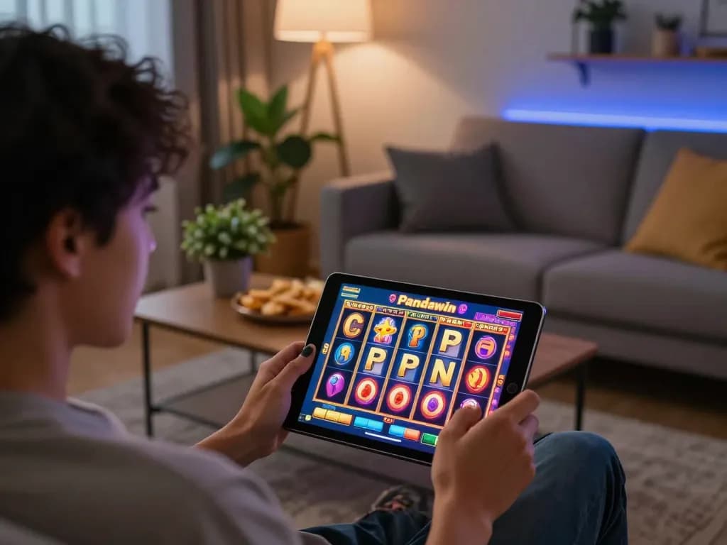Pemain Pandawin terlibat dengan permainan slot yang mendebarkan di tablet dalam suasana rumah yang nyaman.