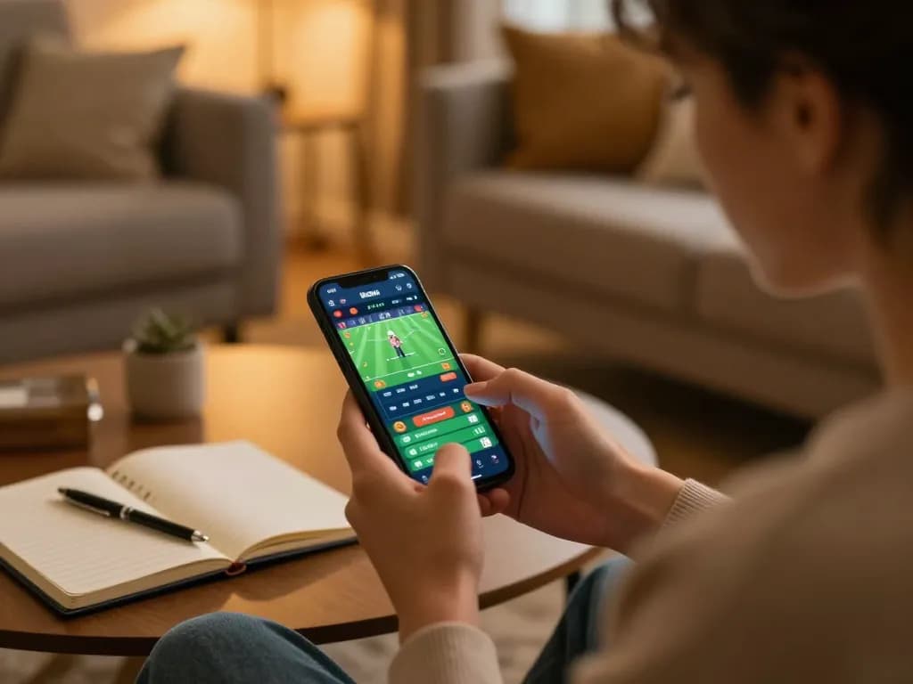 LGO99 user engaged in mobile sports betting with a thoughtful strategy in a cozy living room.