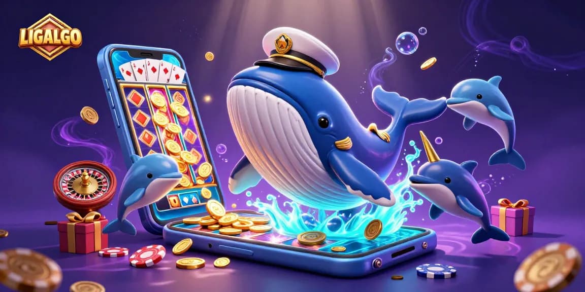 LIGALGO whale captain surrounds slot games, poker chips, and golden coins in vibrant casino scene