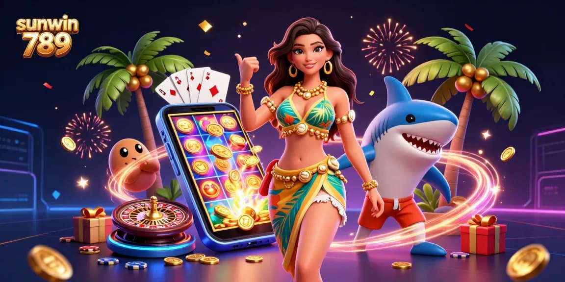 Engage with exciting games and bonuses at sunwin 789 as a glamorous beach goddess leads the fun!