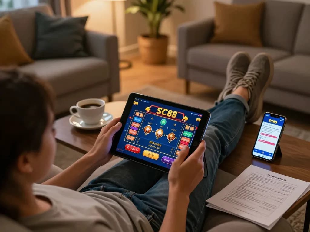 SC88 player using tablet for online games in cozy setting, showcasing a strategic gambling moment.