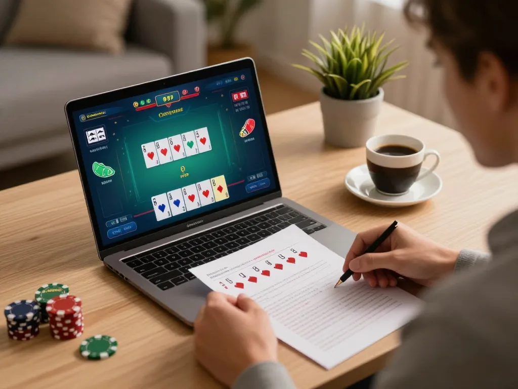 WWBOLA player analyzing strategies while engaging in online poker session at home.