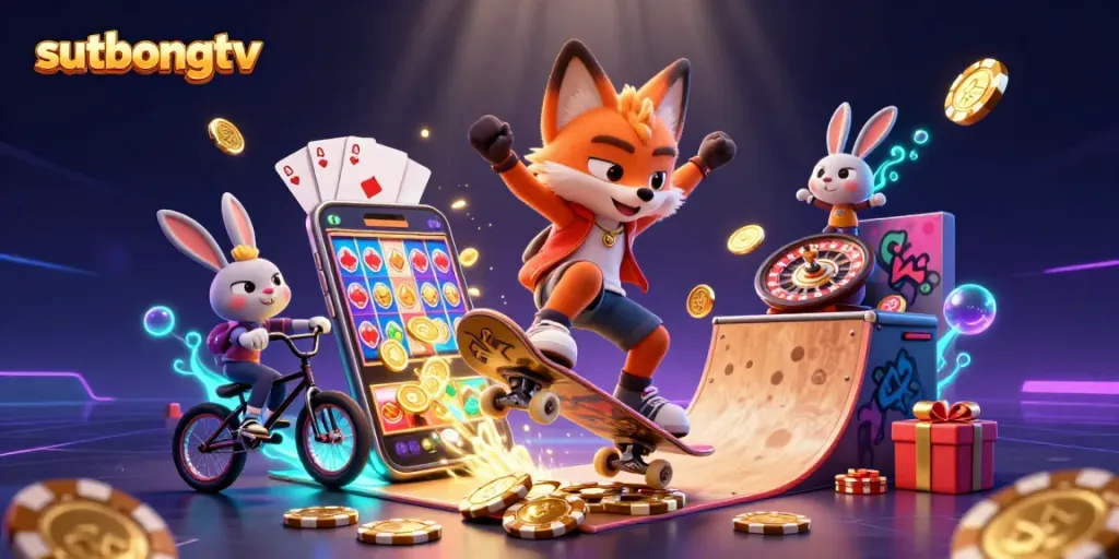 Sutbongtv gaming scene showcasing a skateboarding fox and BMX rabbit amidst vibrant casino elements.
