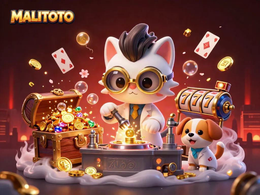 MALITOTO captures a lively scene with a mad scientist cat and dog creating fortune while surrounded by casino elements.