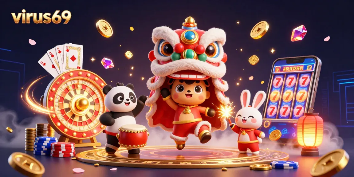 Experience the thrill with virus69 as colorful 3D characters celebrate in a vibrant casino atmosphere.