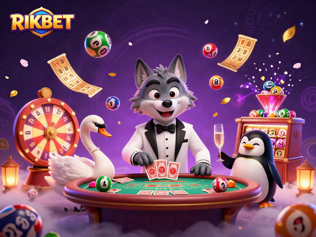 Experience the excitement of RIKBET in this dynamic 3D casino illustration with vibrant game elements.