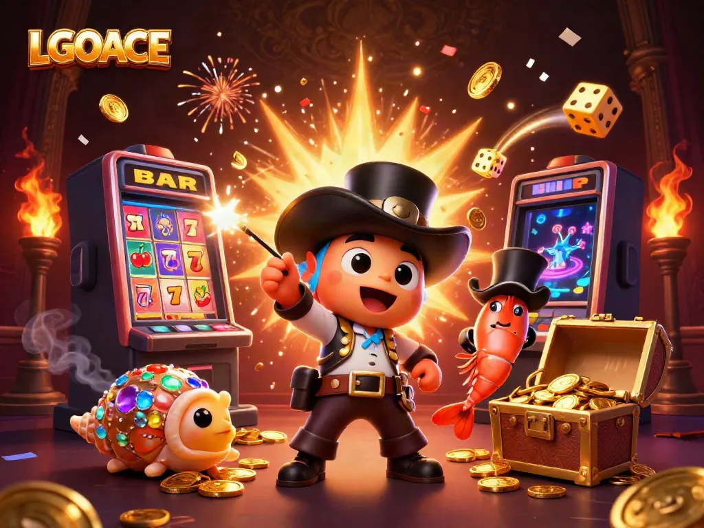 Engage with LGOACE through an exciting underwater casino adventure, featuring golden coins, slot machines, and vibrant characters.