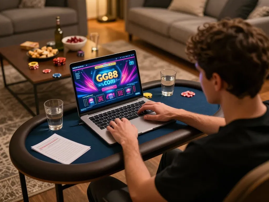 Engaged player using GG88.COM for online poker, showcasing vibrant gameplay and home comfort.