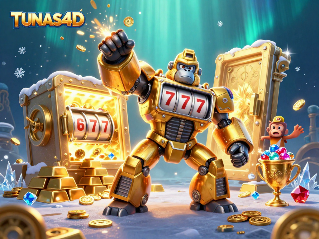 Experience the excitement of TUNAS4D with this dynamic illustration of a golden gorilla mech and rich treasure elements.
