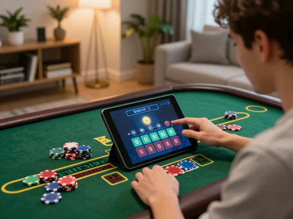 Engaging online baccarat experience at home with player using tablet for strategic bets during a thrilling game.