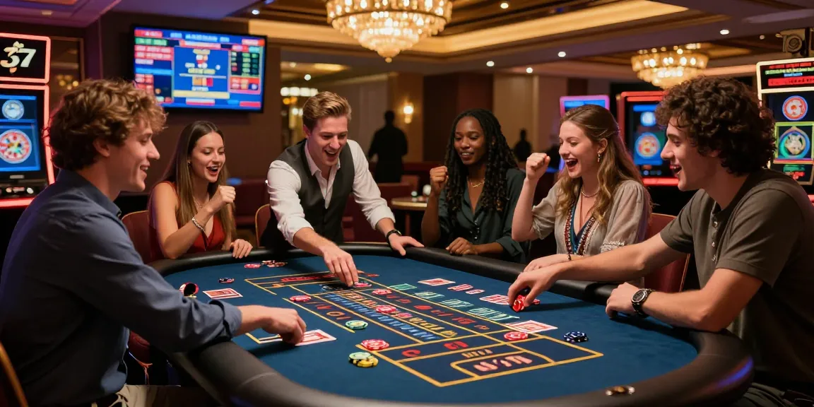 Engaged group celebrating their situs togel bets at a lively casino roulette table.
