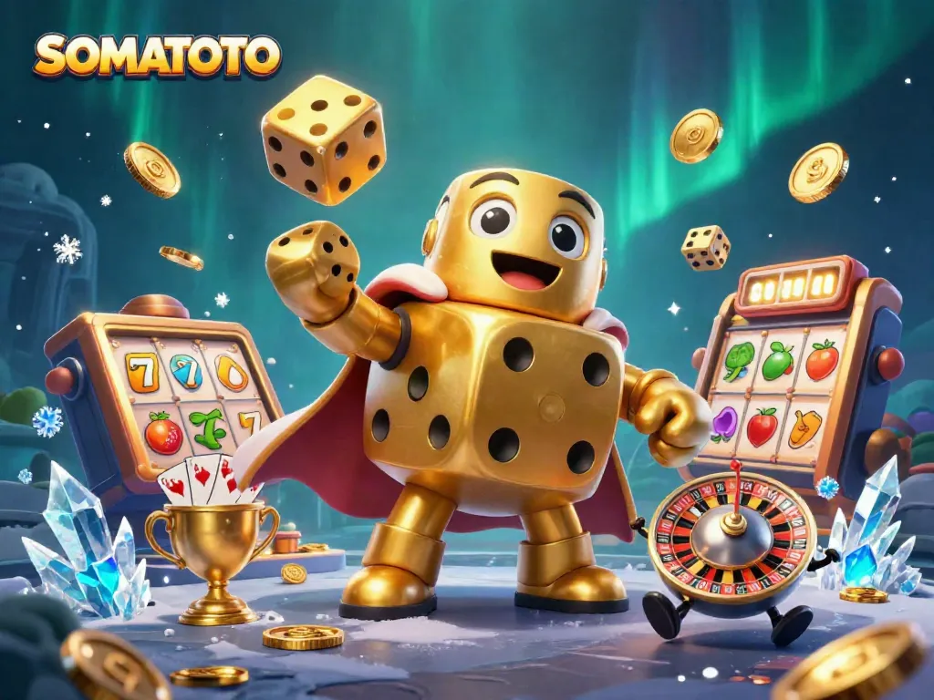 SOMATOTO showcases a vibrant 3D scene depicting a golden dice golem with dynamic slot machine elements.