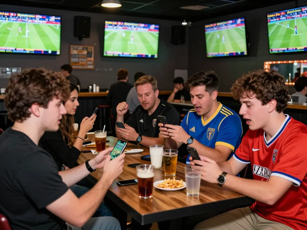 Fans placing bets on their mobile devices at 789bet during a live sports event in a lively bar setting.