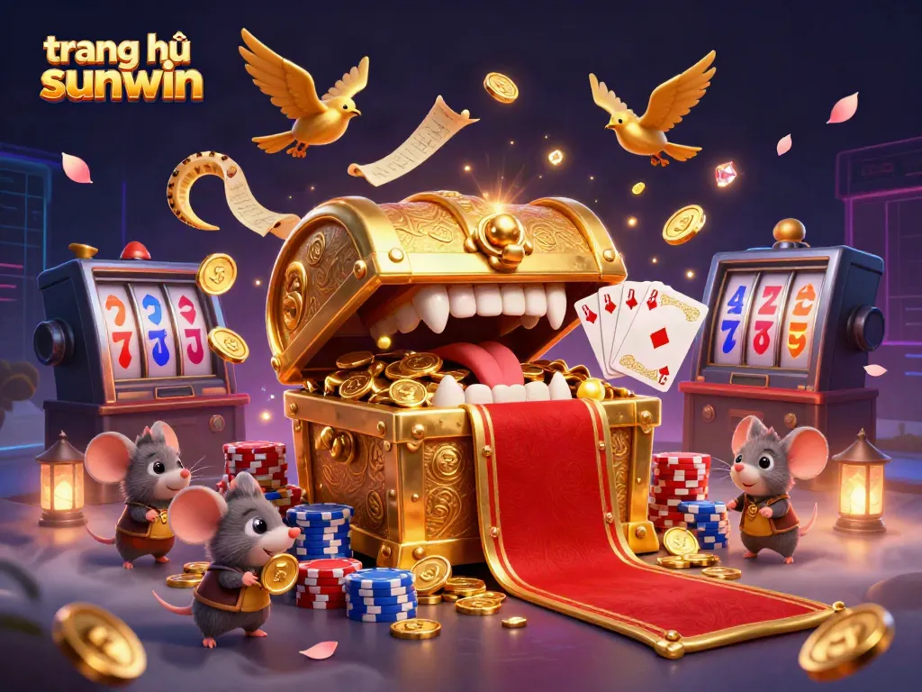 Engaging scene depicting the thrilling atmosphere of trang chủ sunwin with a treasure chest, animated characters, and vibrant casino elements.