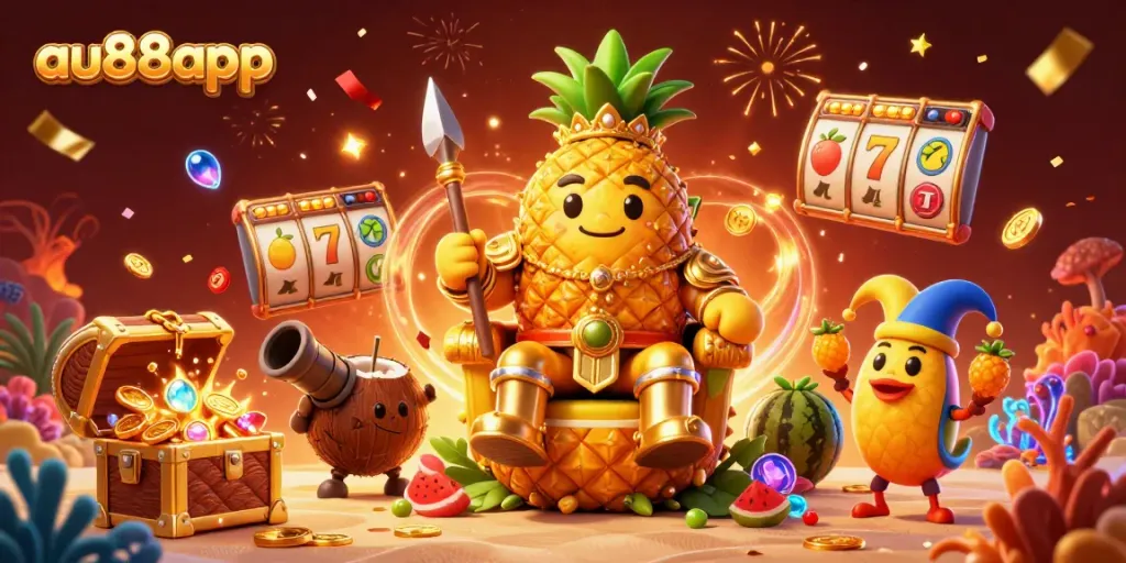 Exciting 3D illustration showcasing au88app with a golden pineapple king amid slot machine elements and festive casino themes.