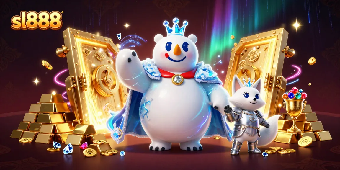 Win big with sl888 in this dazzling 3D scene showcasing a treasure vault and royal characters.