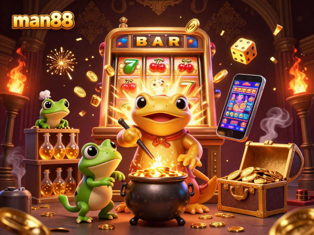 Join man88 in this vibrant scene with golden alchemists, huge jackpot symbols, and colorful casino games.