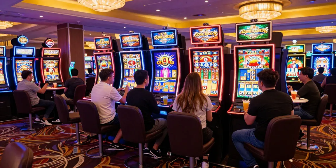 Mesin Slot Gacor yang berwarna-warni dengan pemain yang bersemangat di kasino.