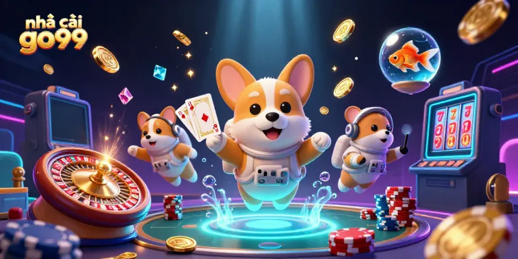 Experience thrilling gaming at nhà cái go99 with golden coins and vibrant poker elements in a dynamic casino scene.