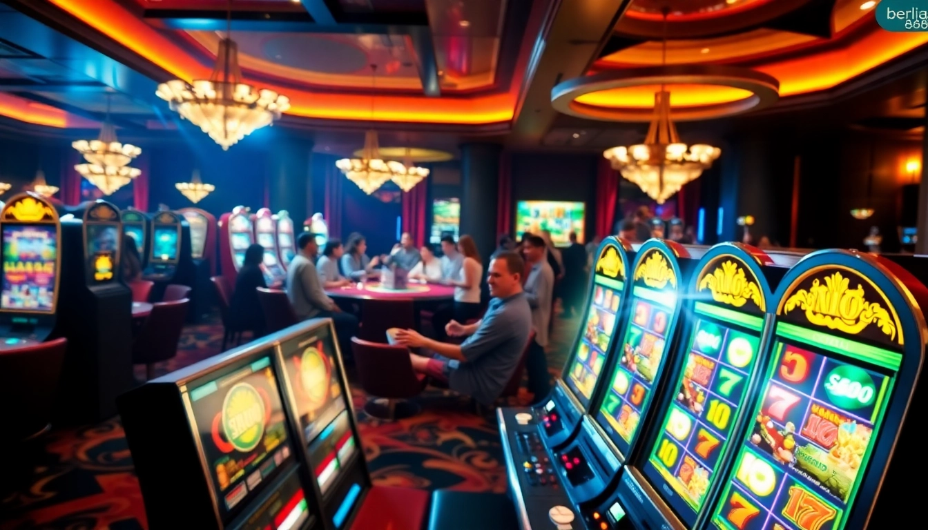 Berlian 888 players engaging with vibrant slot machines in an exquisite casino setting.