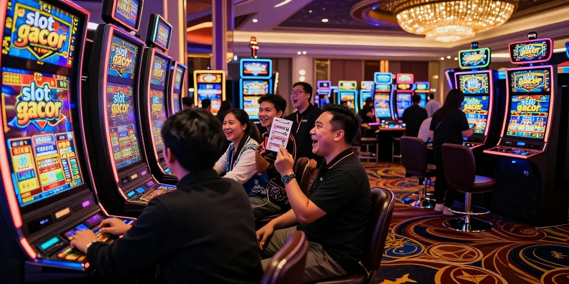 Joyful casino scene with diverse players celebrating a big win at a "slot gacor" machine, showcasing vibrant colors and dynamic atmosphere.