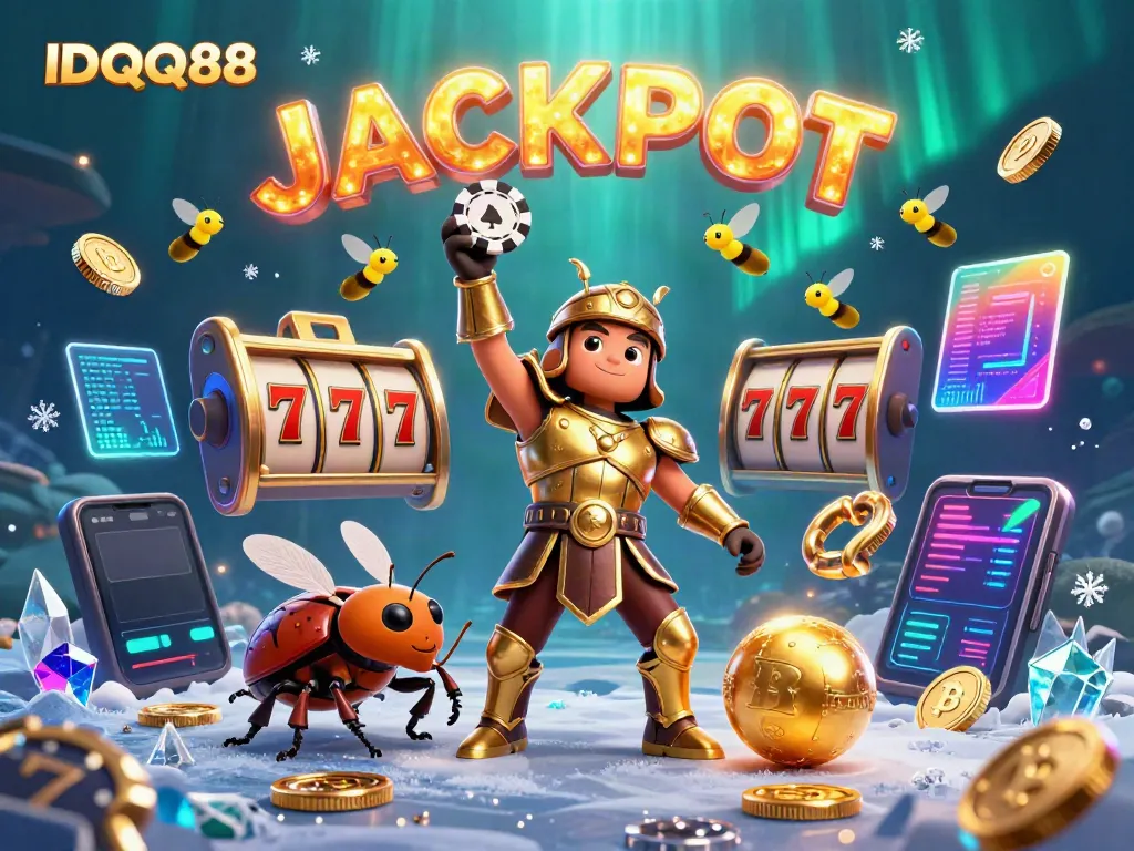Experience unparalleled excitement with IDQQ88 as a victorious beetle and its sidekick celebrate winning jackpots amid vibrant casino symbols.