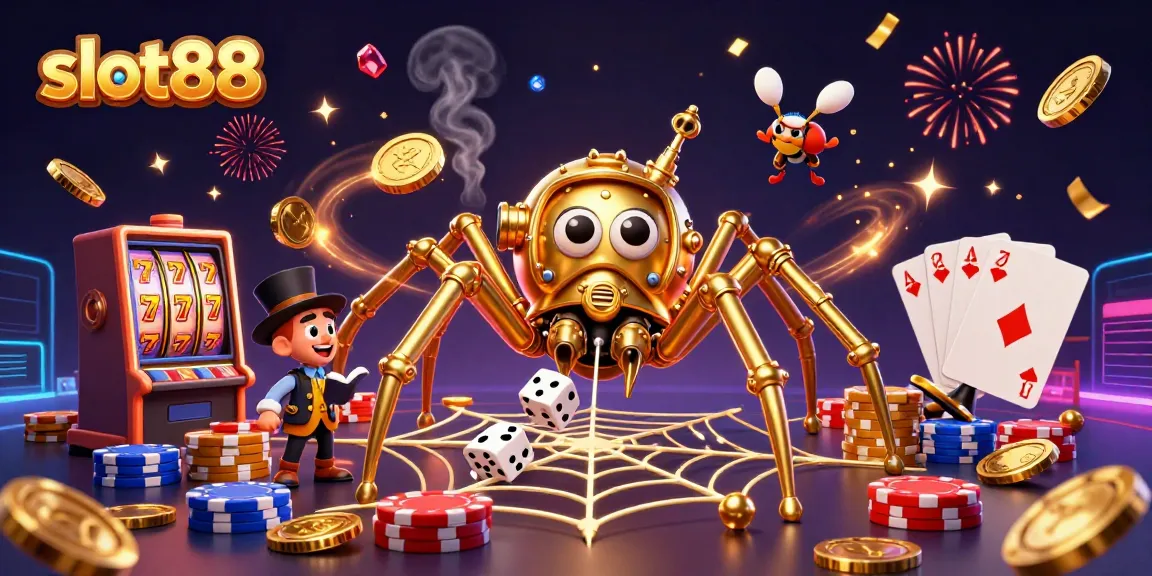 Slot88 menampilkan ilustrasi 3D yang meriah dengan karakter unik dan simbol permainan kasino menarik.