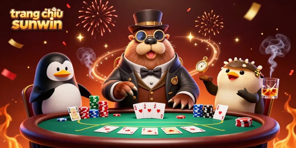 Experience dynamic poker action with the jolly walrus and high stakes at trang chủ sunwin, featuring vibrant casino elements.