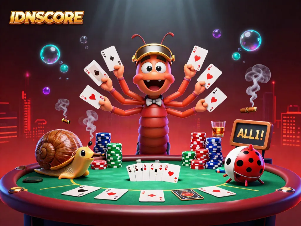 IDNSCORE brings fun with a 3D cartoon millipede dealer, playing cards, and vibrant poker chips in a lively casino scene.