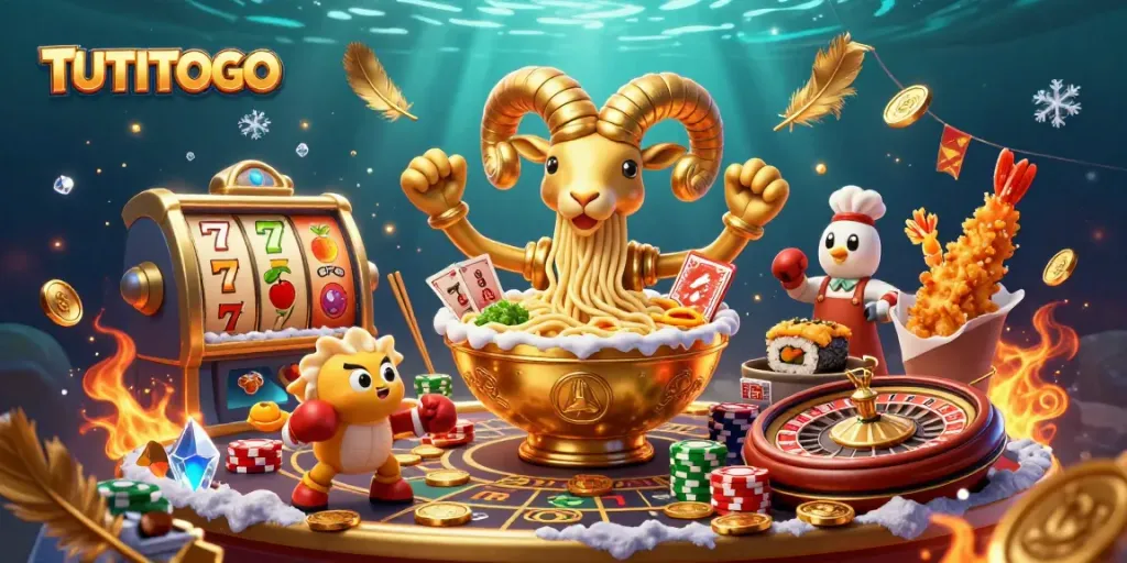 TUTITOTO showcases a vibrant 3D casino scene with a golden ramen bowl and playful characters.
