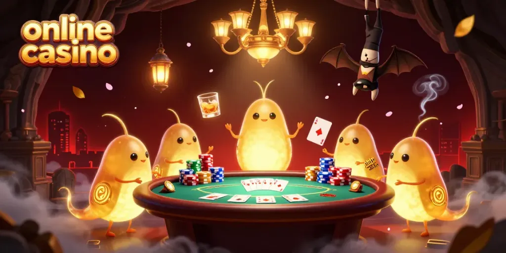Engaging online casino scene with glowworms, poker elements, and a bat dealer lighting up the atmosphere.