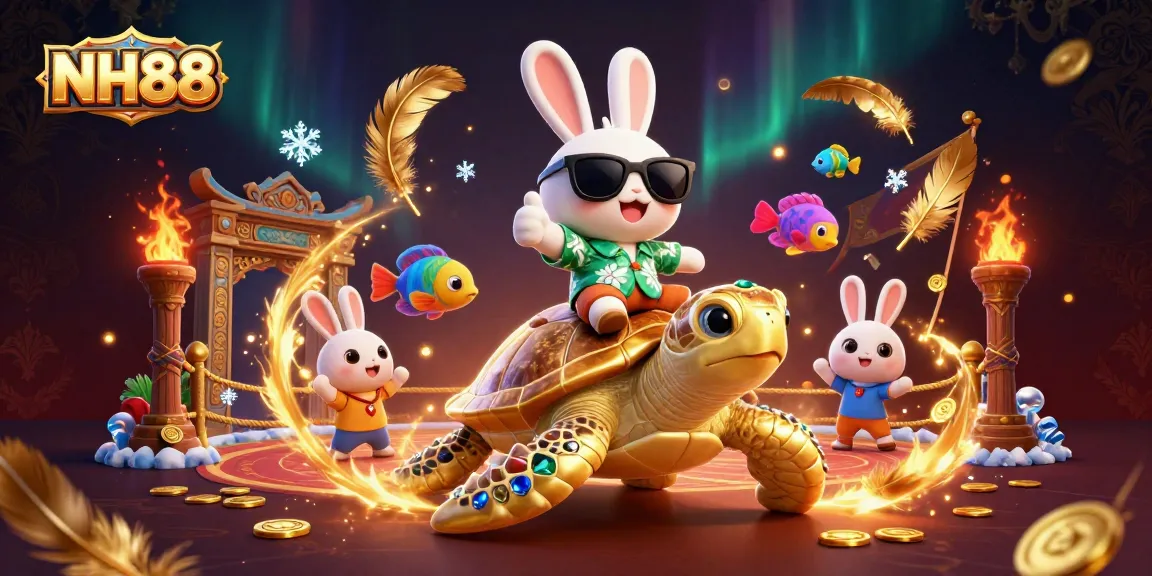 Experience the excitement of NH88 with a lucky rabbit and sea turtle in a vibrant casino scene.