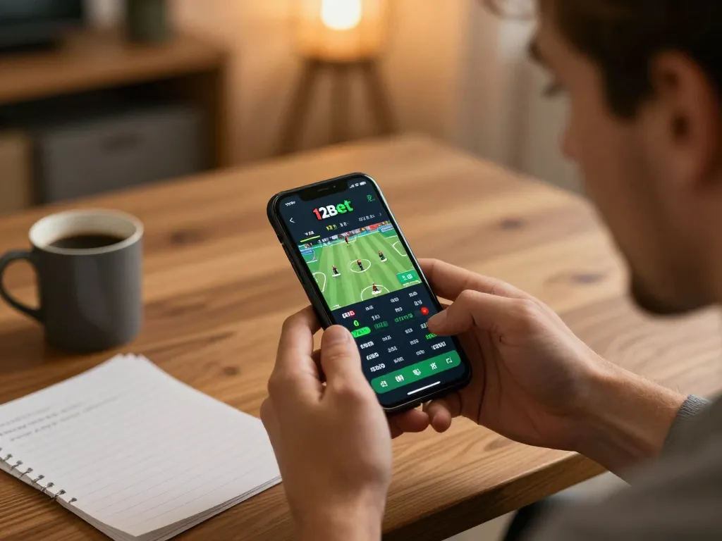 Người chơi sử dụng ứng dụng di động 12bet để cá cược thể thao, thể hiện tỷ lệ cược trực tiếp và sự phấn khích trong một không gian ấm cúng tại nhà