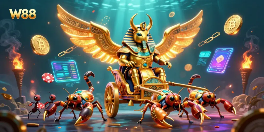 Engage in exciting W88 casino adventures with a golden scarab and crypto elements!
