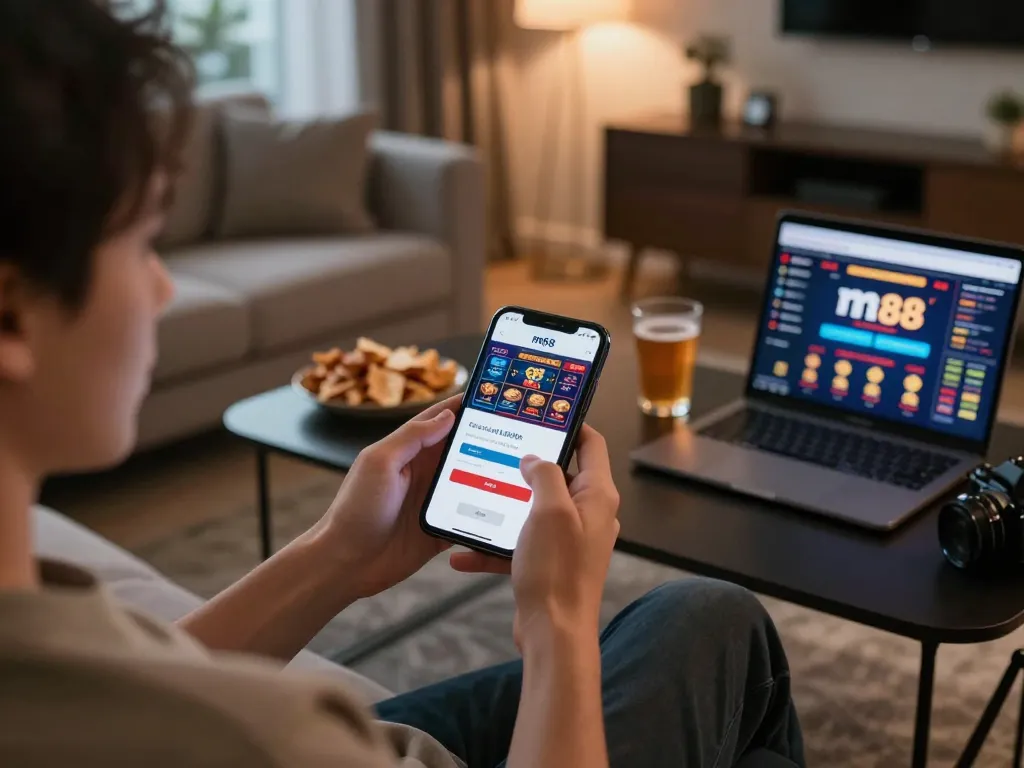 Momen menarik seorang pengguna mengakses login m88 di smartphone, menampilkan antarmuka permainan kasino online di ruang tamu yang nyaman.