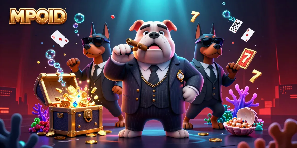 MPOID gaming scene with cartoon mafia bulldog and Doberman bodyguards, surrounded by festive casino elements.