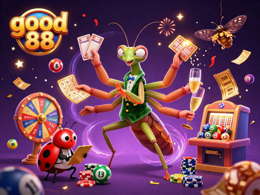 Celebrate big wins at good 88 with a dynamic scene of casino excitement filled with cards, chips, and lottery balls.