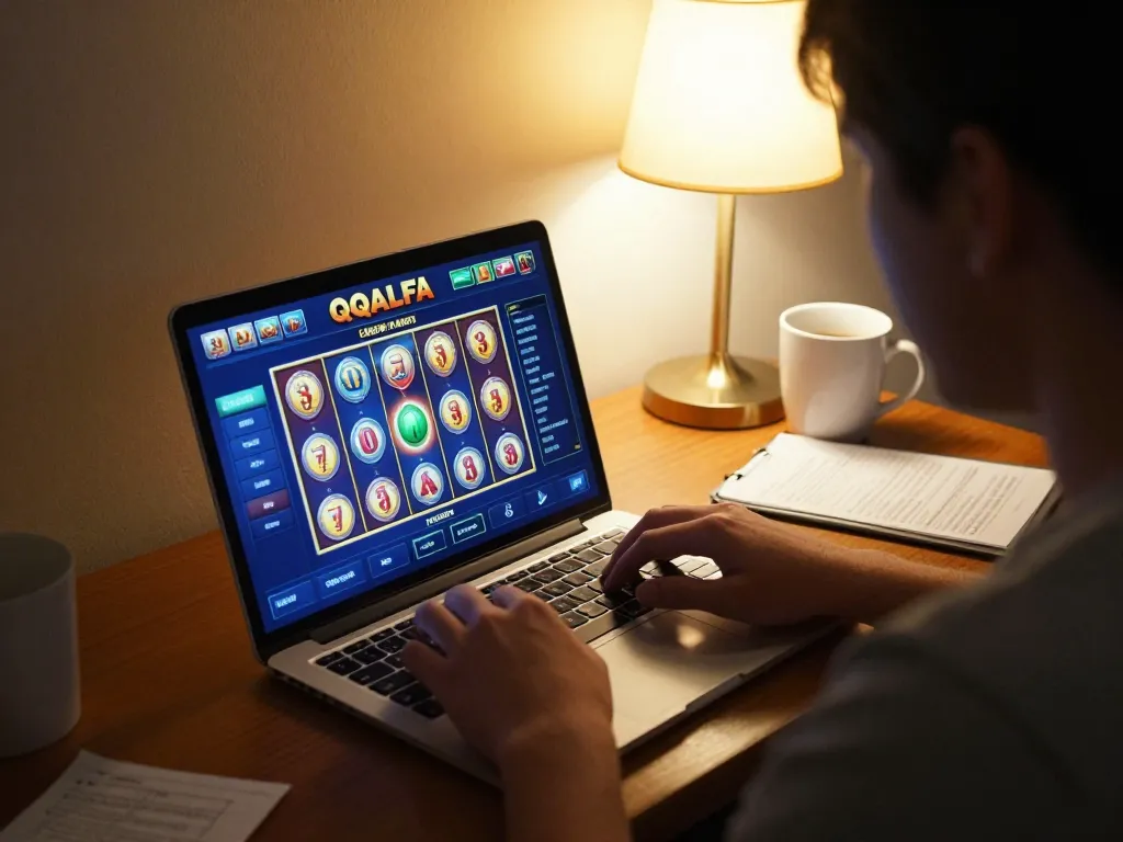 Engaged player using QQALFA online casino interface, showcasing strategic gameplay insight.