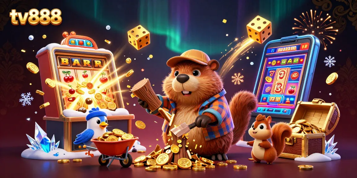 Experience excitement with tv888 in a vibrant casino scene featuring lively characters collecting golden coins.