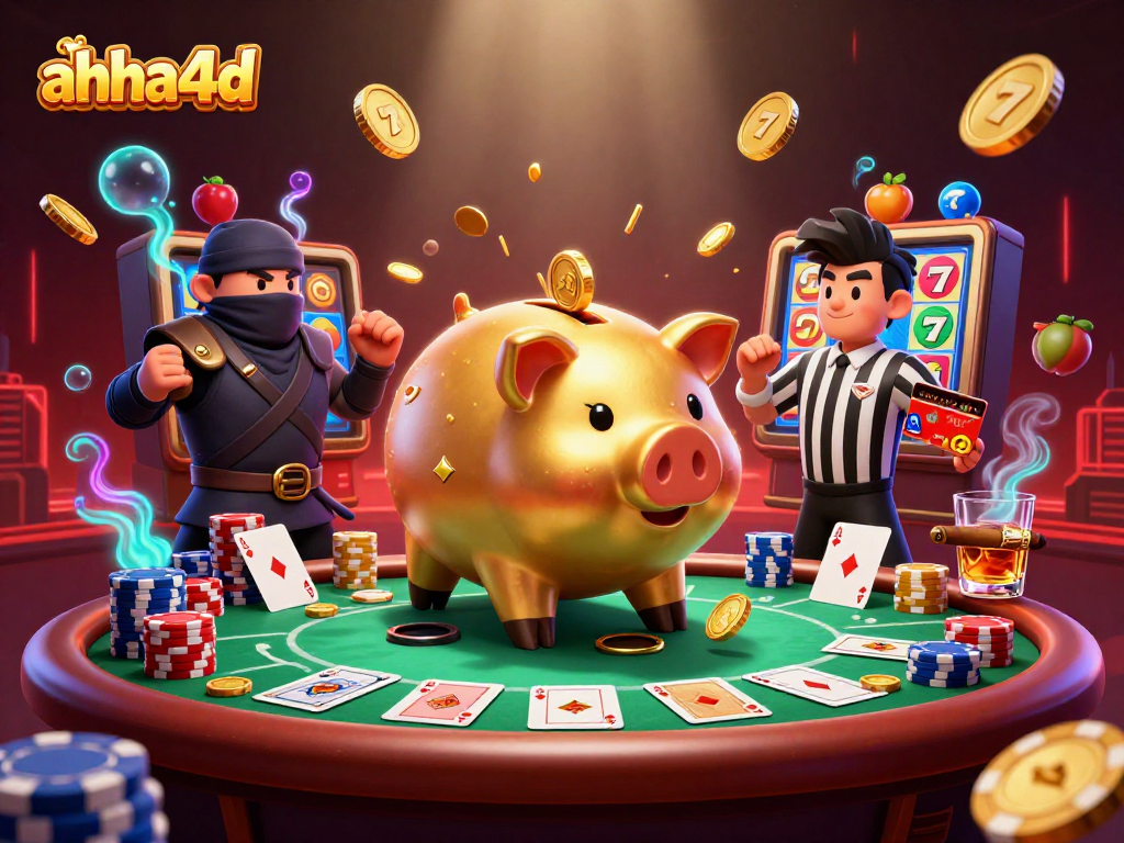 Mengguncang koin emas, ahha4d mempersembahkan ilustrasi kasino dengan karakter sumo dan ninja di pesta poker.