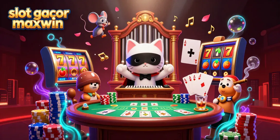 Bermain slot gacor maxwin dengan karakter unik di kasino, mengelilingi simbol keberuntungan dan elemen permainan menarik.