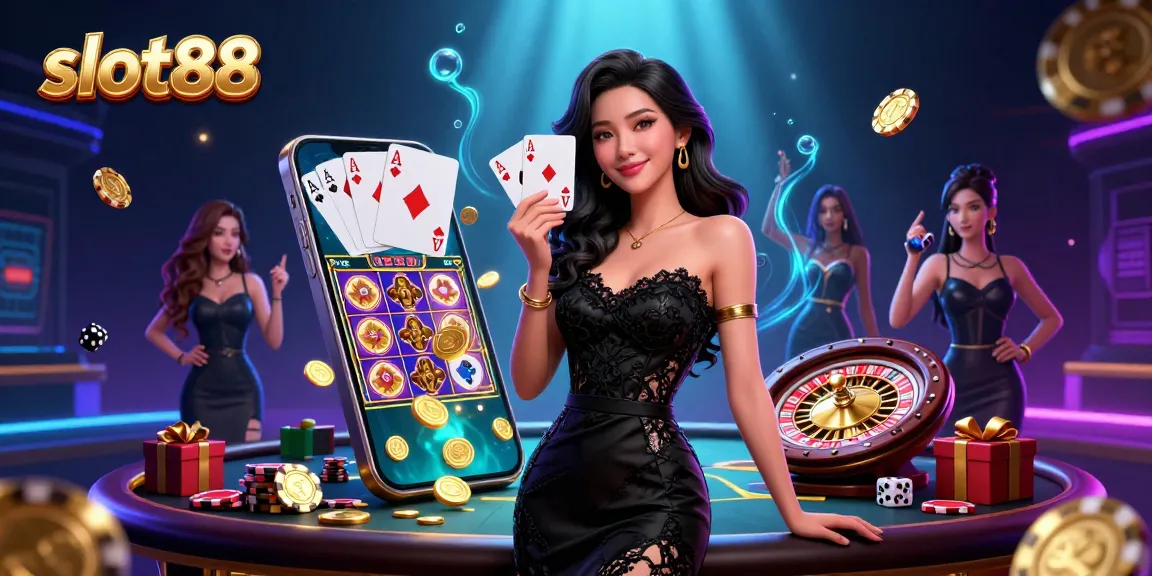 Experience the thrill of slot88 as the elegant dealer showcases winning cards in a vibrant casino atmosphere.