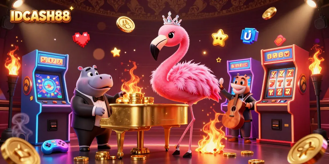 Experience IDCASH88's vibrant casino atmosphere with a flamingo singer and hippo bassist in captivating 3D.
