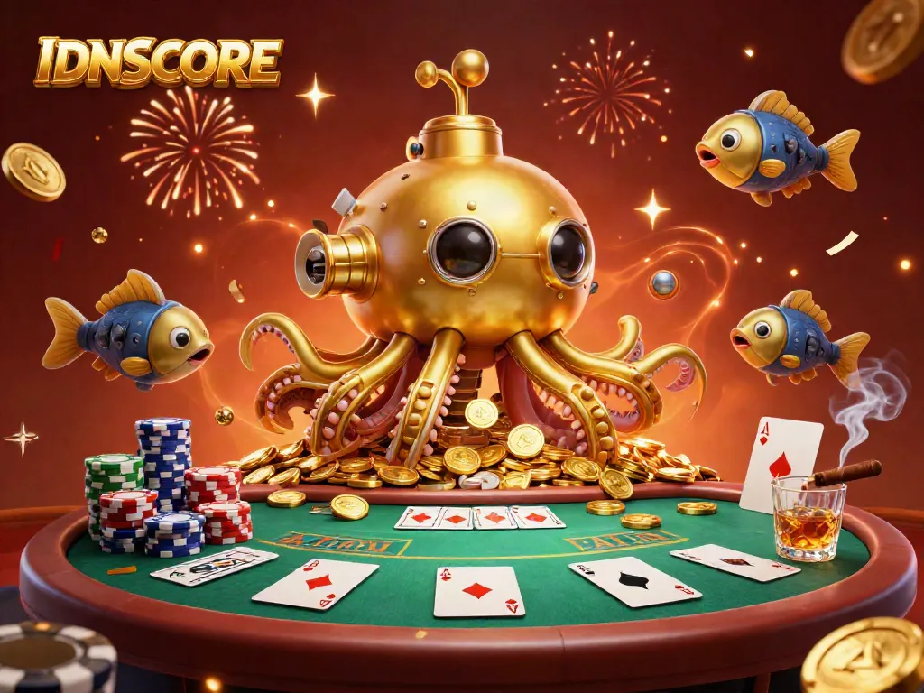 Experience winning strategies at IDNSCORE with a vibrant poker-themed 3D illustration featuring golden kraken submarine and celebratory elements.