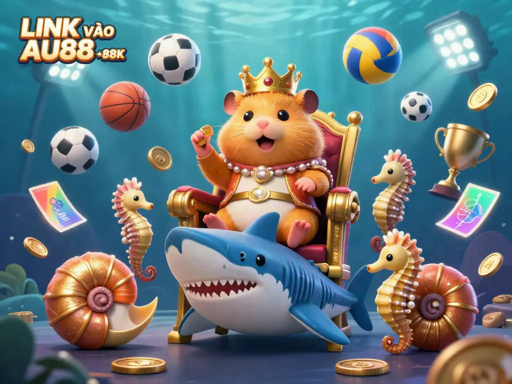 Engage with LINK VÀO AU88 +88K as a golden hamster king rules over a dynamic underwater casino scene.